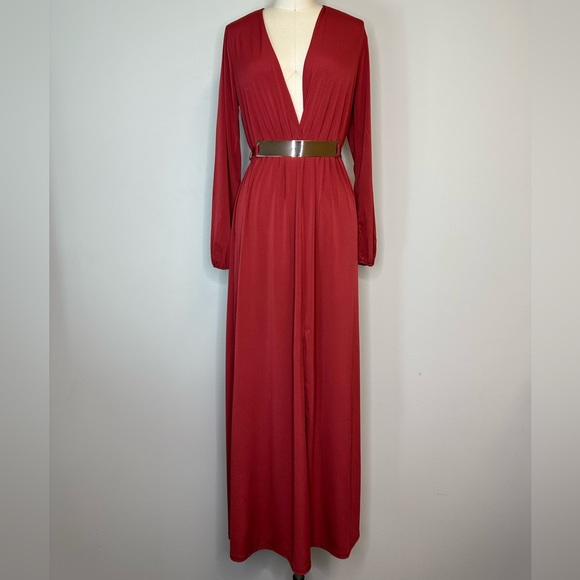 Charlotte Russe Rust Belted V-neck Dress with front slit - Picture 2 of 5